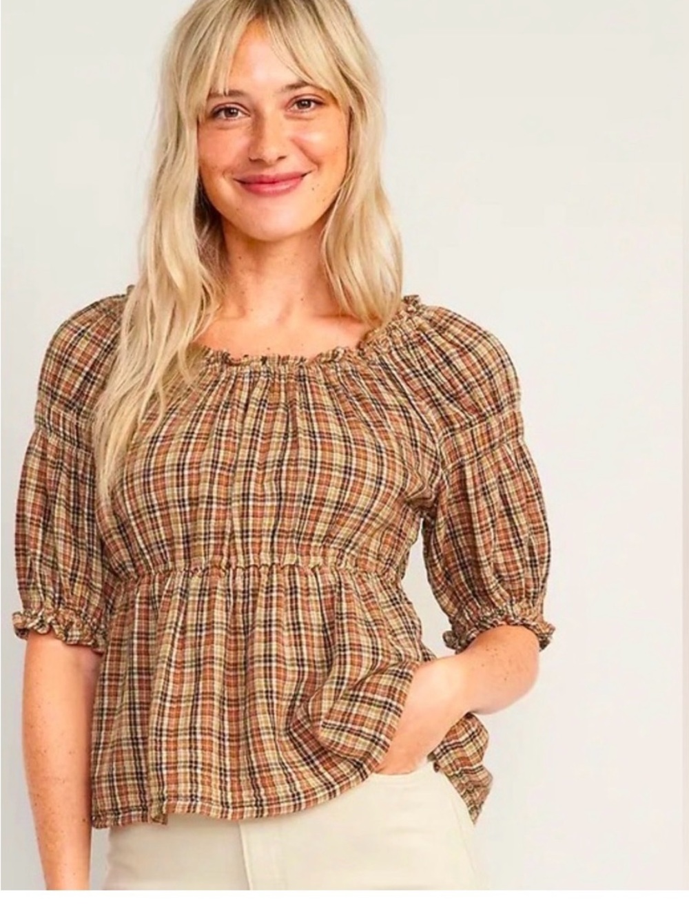 Old Navy Brown Plaid Smocked Peasant Blouse